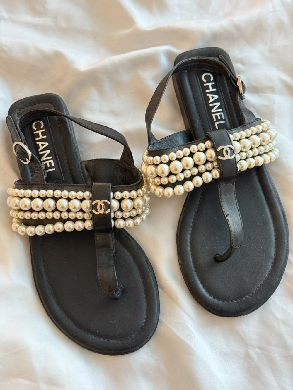 Chanel Pearl Embellished CC Black Leather T-Strap Sandals Size 35